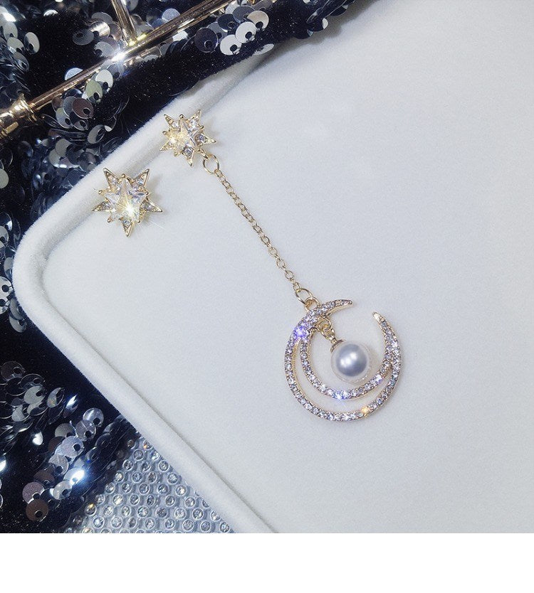 S925 Silver Asymmetrical Star and Moon Long Earrings