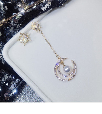 S925 Silver Asymmetrical Star and Moon Long Earrings
