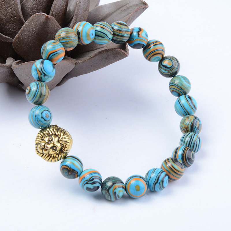 Beaded Bracelet with Blue Malachite Lion Head