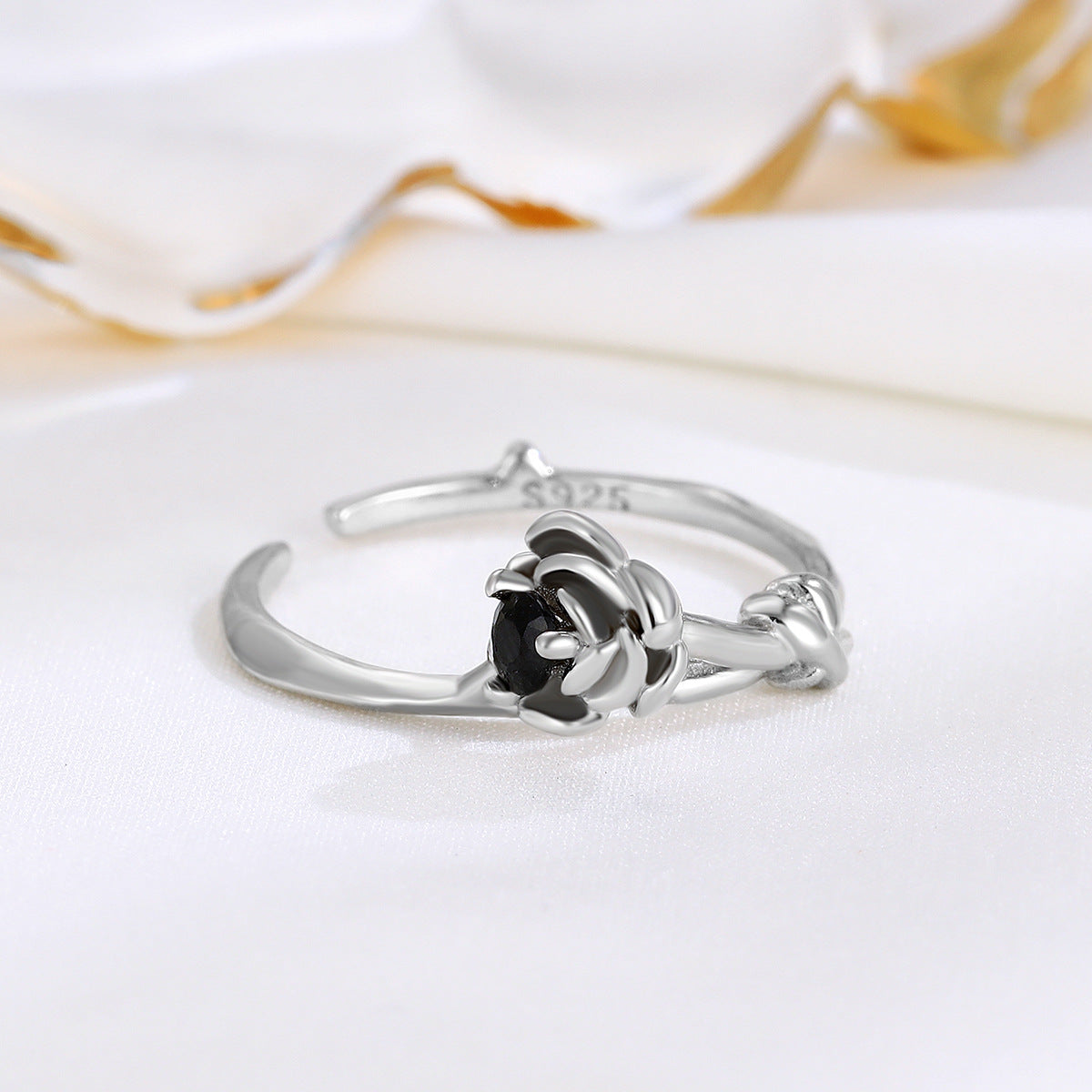 S925 Silver Black Diamond Flower Open Ring for Women