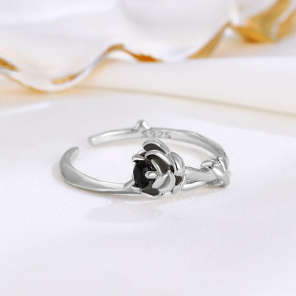 S925 Silver Black Diamond Flower Open Ring for Women