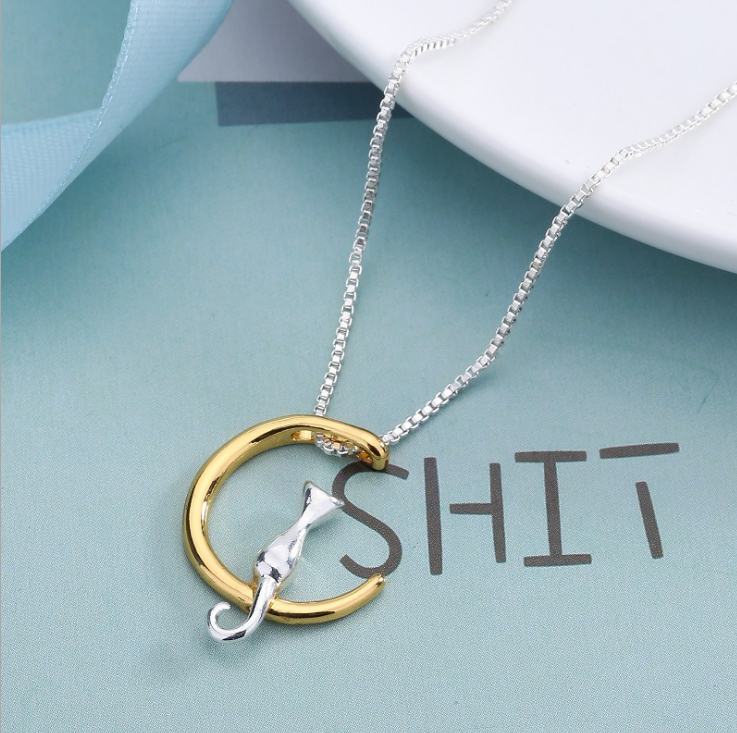 Cat Pendant Necklace with Moon Design