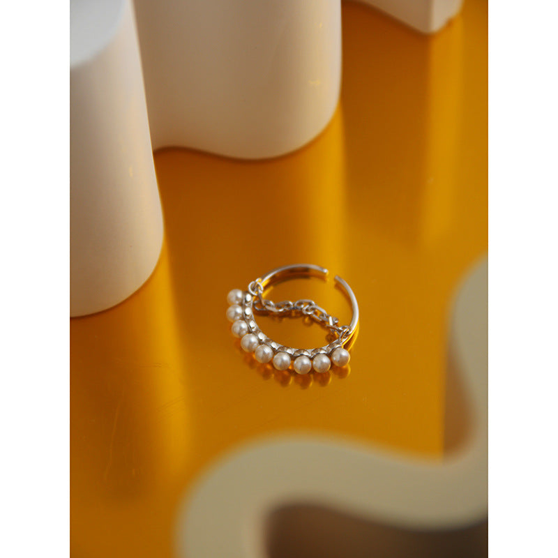 S925 Silver Ring with Pearl Chain for Women