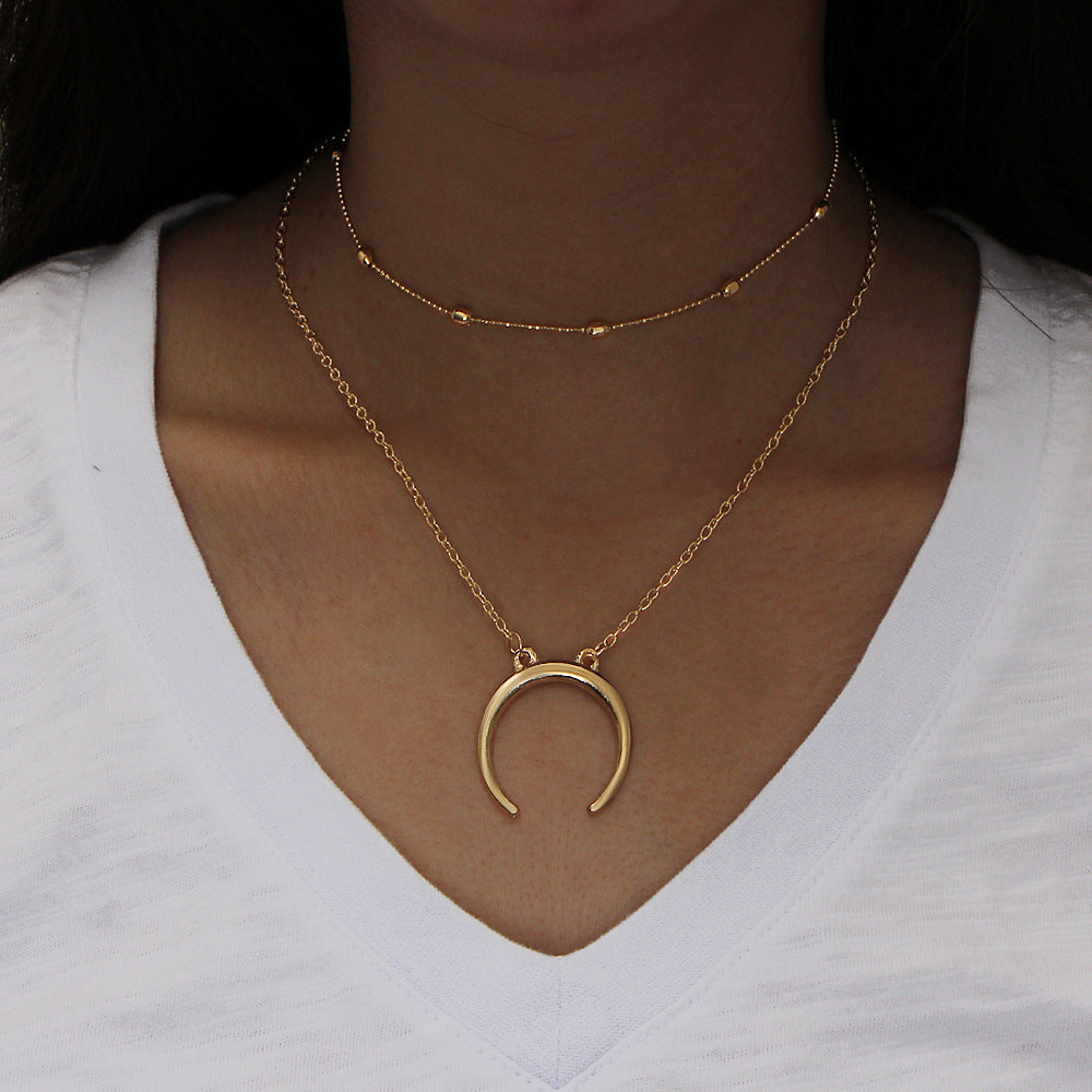 Layered Horn Necklace with Moon Pendant - Fashionable Style