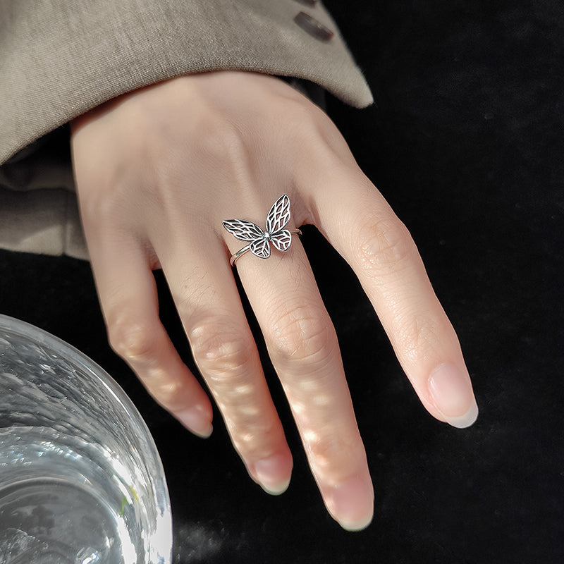 Vintage S925 Silver Butterfly Open Ring for Women