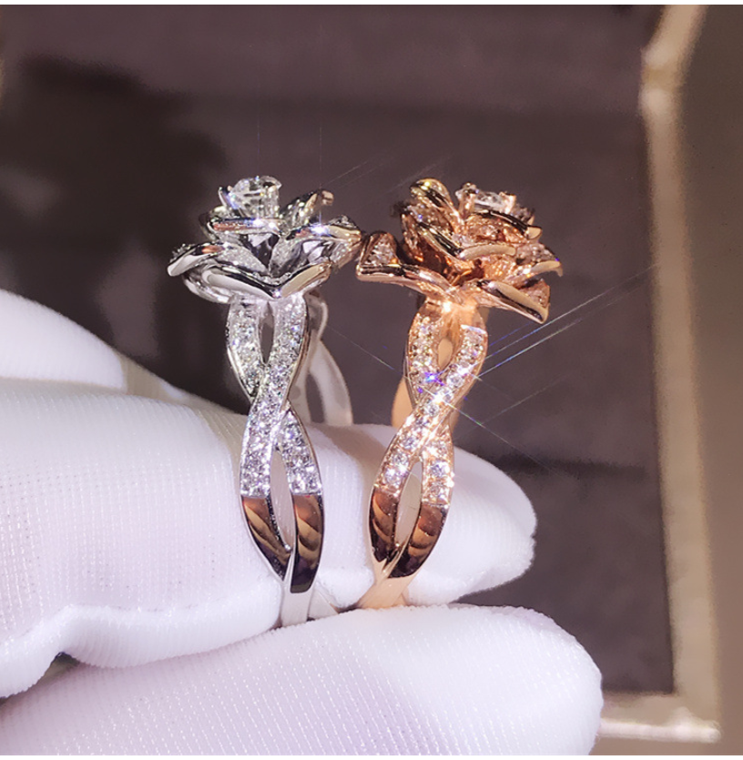 Rose Gold Simulated Diamond Rose Ring for Women