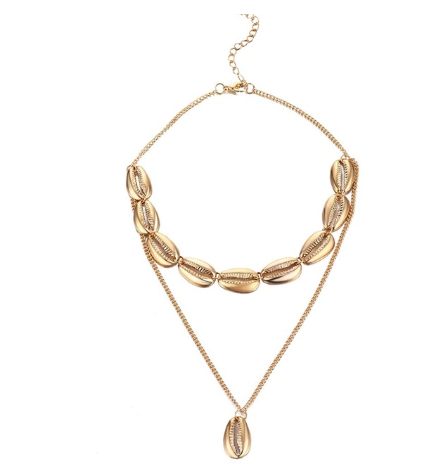 Versatile Metal Layered Necklace with Shell Pendant