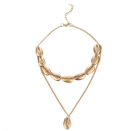Versatile Metal Layered Necklace with Shell Pendant