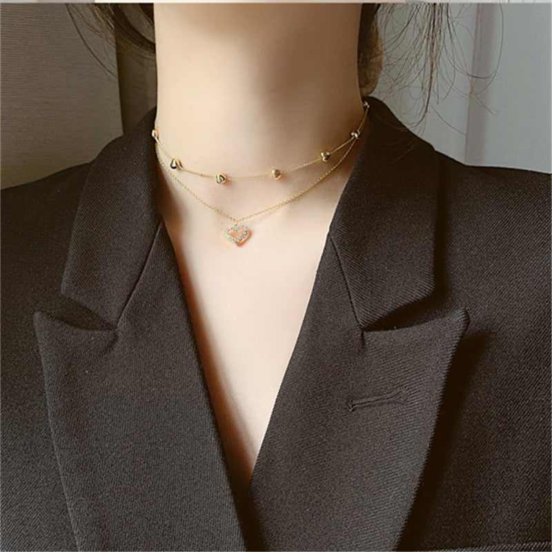 Layered Heart Diamond Necklace, Stylish Collar Chain