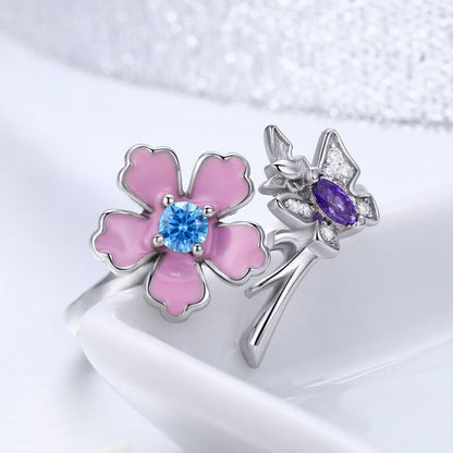 S925 Silver Butterfly Flower Open Ring for Women