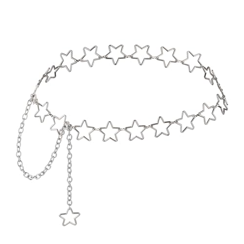 Womens Star Waist Chain Silver Chain Belt Metal Belly Chain Adjustable Body Chains Plus Size Belt Chain Trendy Western Belly Chains Belt Jewelry with Long Tassel for Women Girls Dresses Skirts Jeans