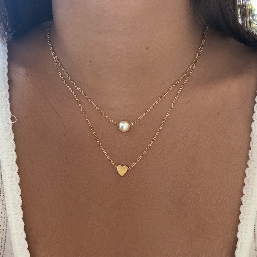 Fashion Pearl Heart Layered Integrated Necklace for Women