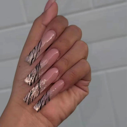 MISUD Press on Nails Extra Long Square Fake Nails Glossy Glue on Nails Bling Glitter Acrylic Nails Squoval Artificial Nails Swirl Stick on False Nails with Design 24 pcs