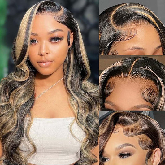 PDTBO Ombre Lace Front Wig Human Hair Pre Plucked 1B/27 Highlight Lace Front Wig Human Hair 13x4 Body Wave HD Lace Front Wigs Human Hair 180% Density Colored Glueless Wigs Human Hair 22 Inch