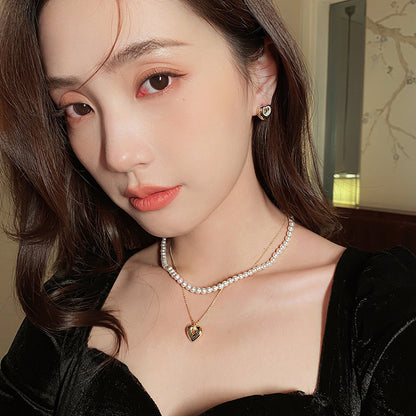 Double Layer Pearl Heart Necklace for Women