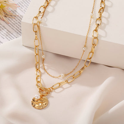 Double Layer Pearl Chain Necklace with Alloy Pendant