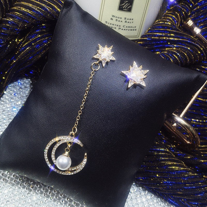 S925 Silver Asymmetrical Star and Moon Long Earrings