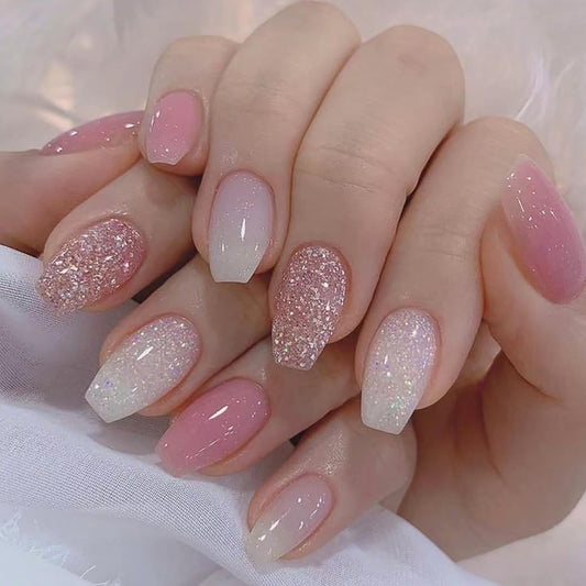 24 Pcs Glitter Acrylic Press on Nails Coffin Medium Fake Nails Pink Gradient False Nails Fall Winter Nails Glossy Full Cover Glue on Nails Artificial Nails Reusable Stick on Nails for Women