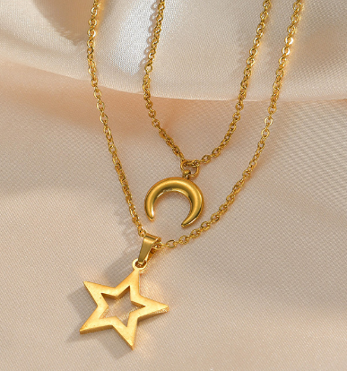 Layered Star and Moon Pendant Necklace in 18K Gold