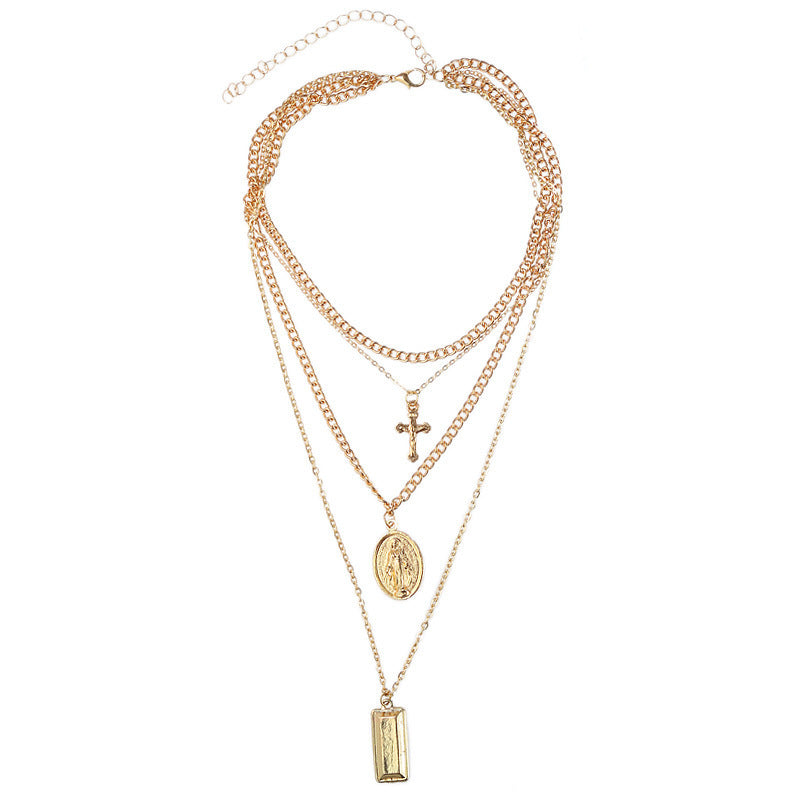 Vintage Layered Cross Pendant Necklace with Charms