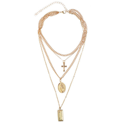 Vintage Layered Cross Pendant Necklace with Charms