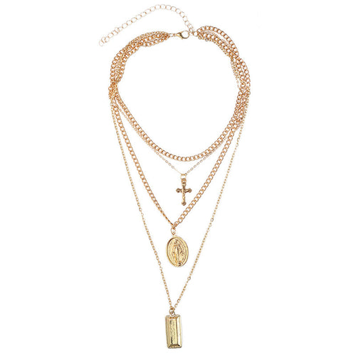 Vintage Layered Cross Pendant Necklace with Charms