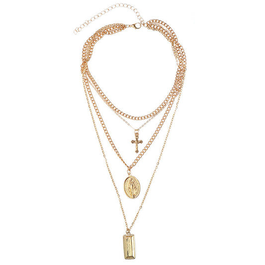 Vintage Layered Cross Pendant Necklace with Charms