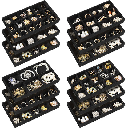 Junkin 12 Pcs Jewelry Tray Velvet Stackable Jewelry Organizer Trays Divided Earring Organizer Jewelry Storage Containers Box (Black)
