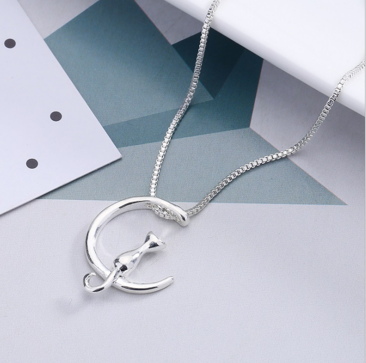 Cat Pendant Necklace with Moon Design