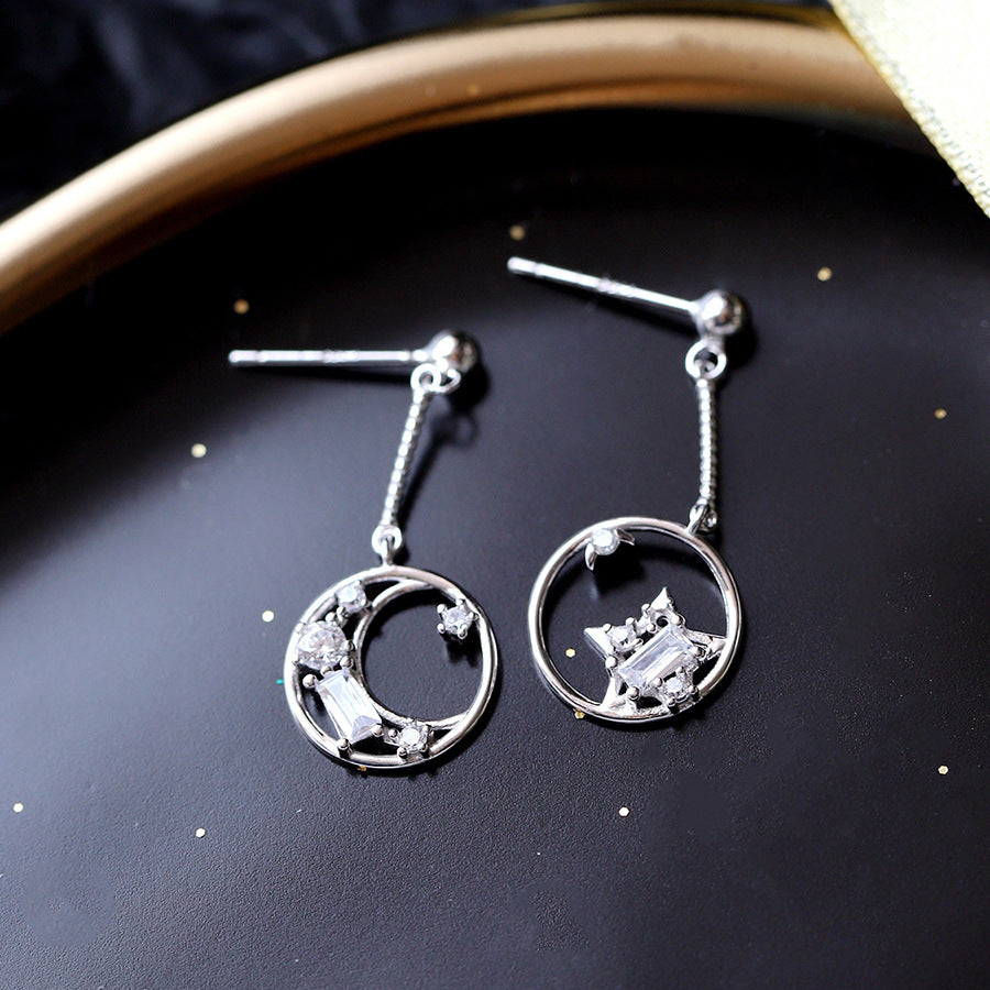 S925 Silver Star and Moon Earrings with Zirconia