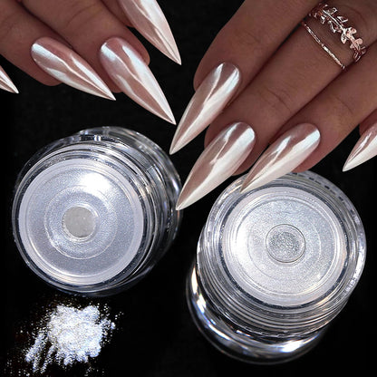 2Pcs White Pearl Chrome Nail Powder Super Glossy Metallic Mirror Effect White Moonlight Unicorn Chrome Powder for Nails Mermaid Glitter Pigment Powder for Gel Nail Polish Design 0.5g/Jar