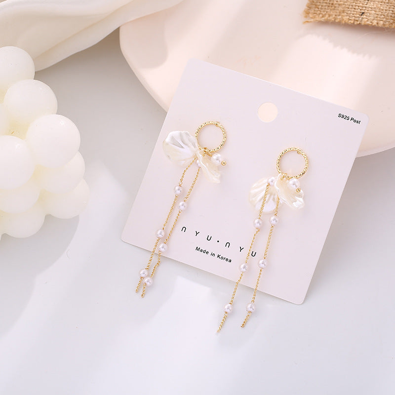 Korean Style S925 Silver Pearl Petal Tassel Earrings