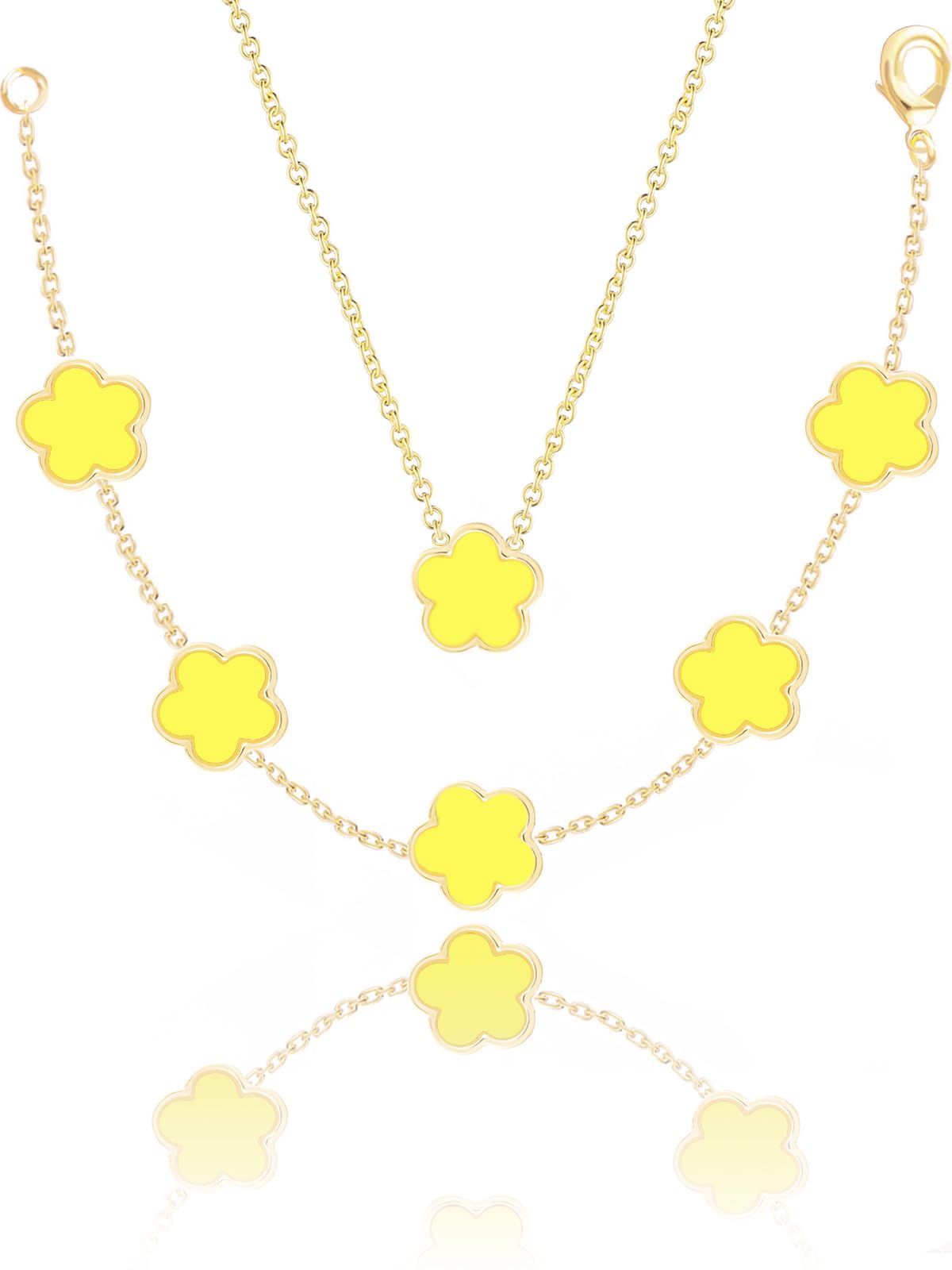 Qinpan Four Leaf Clover Necklace and Bracelet Set for Women Lucky Flower 14K Gold Jewelry (Yellow-14K Gold)