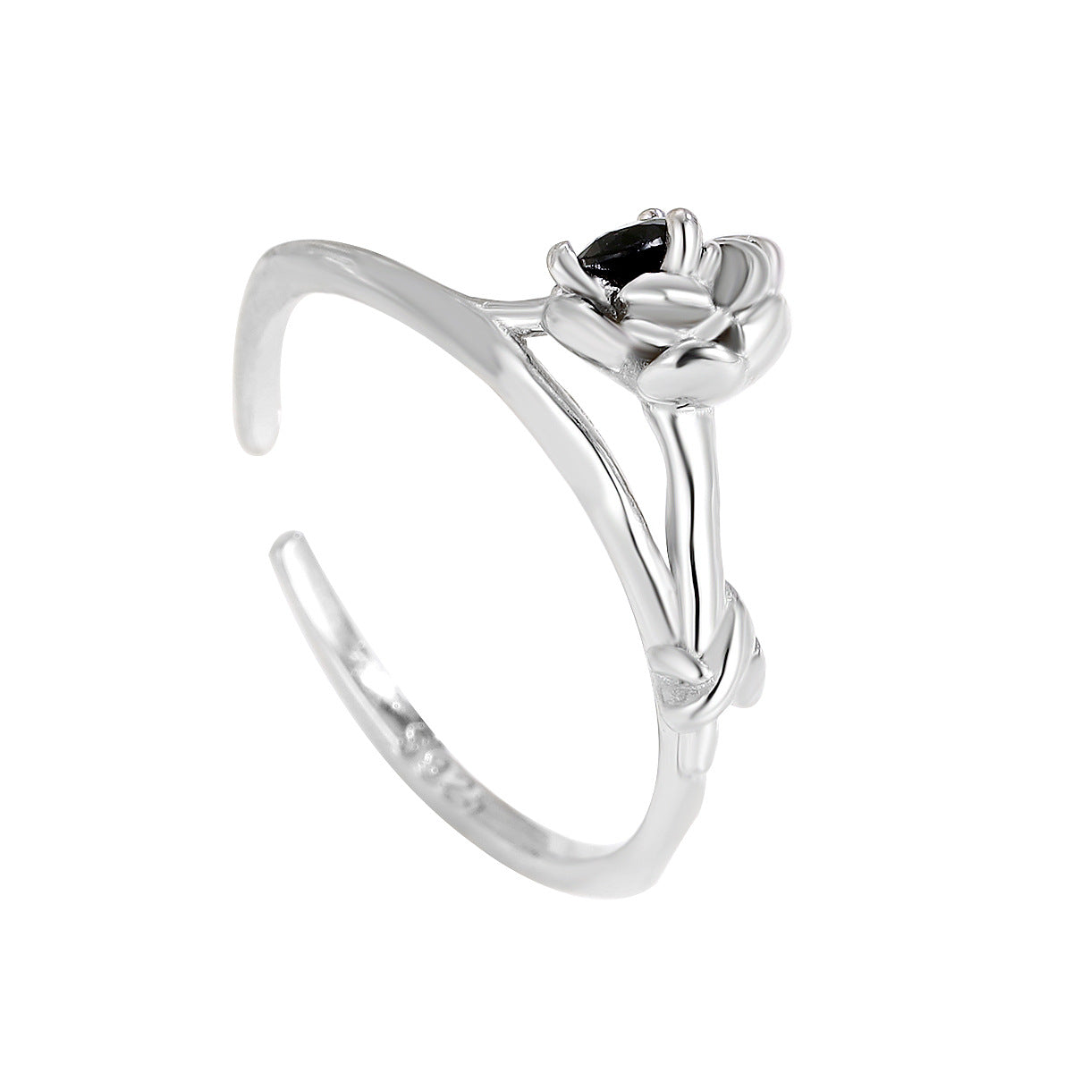 S925 Silver Black Diamond Flower Open Ring for Women