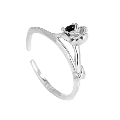 S925 Silver Black Diamond Flower Open Ring for Women