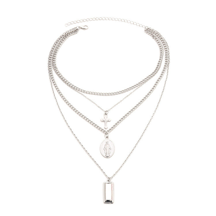 Vintage Layered Cross Pendant Necklace with Charms