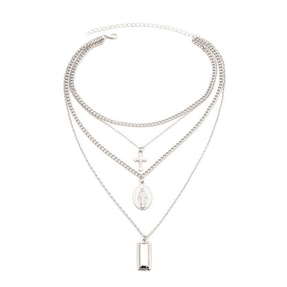 Vintage Layered Cross Pendant Necklace with Charms