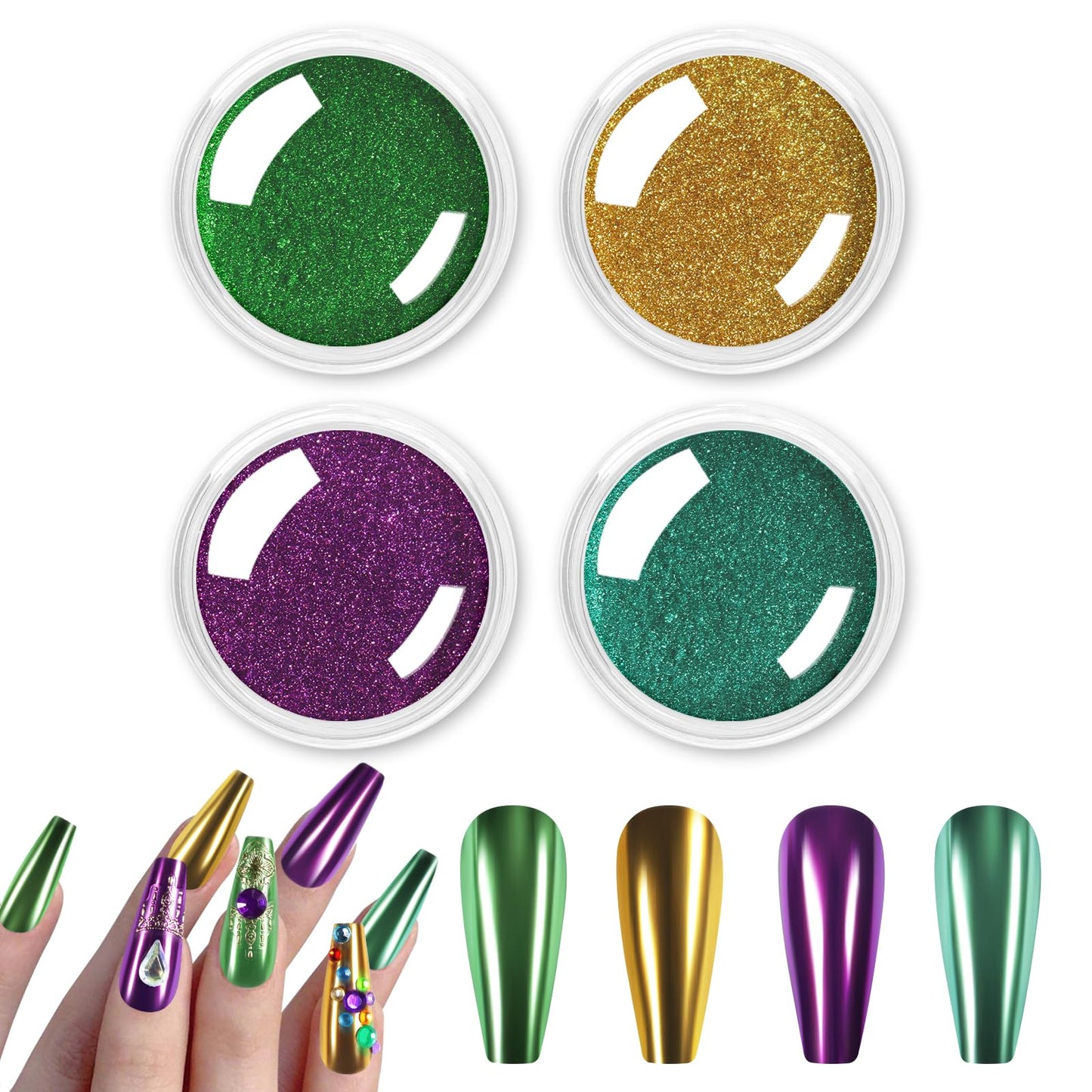 Allstarry Chrome Nail Powder Metallic 4 Colors Mardi Gras Nails Powder Mirror Effect Manicure Pigment Green Purple Gold Glitter Dust Kit for Gel Polish Nail Art Mardi Gras Accessories Festivals