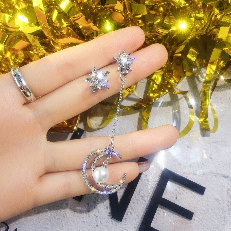 S925 Silver Asymmetrical Star and Moon Long Earrings