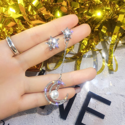 S925 Silver Asymmetrical Star and Moon Long Earrings
