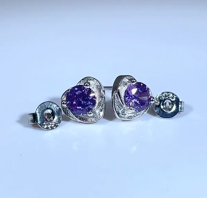 S925 Silver Earrings with Amethyst and Zirconia Design