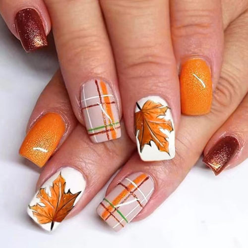 24 Pcs Fall Press on Nails Square False Nails Orange Fake Nails Glitter Maple Leaf Designs Autumn Acrylic Nails Medium Length Stick on Nails Glossy Glue on Nails Reusable Artificial Nails for Women