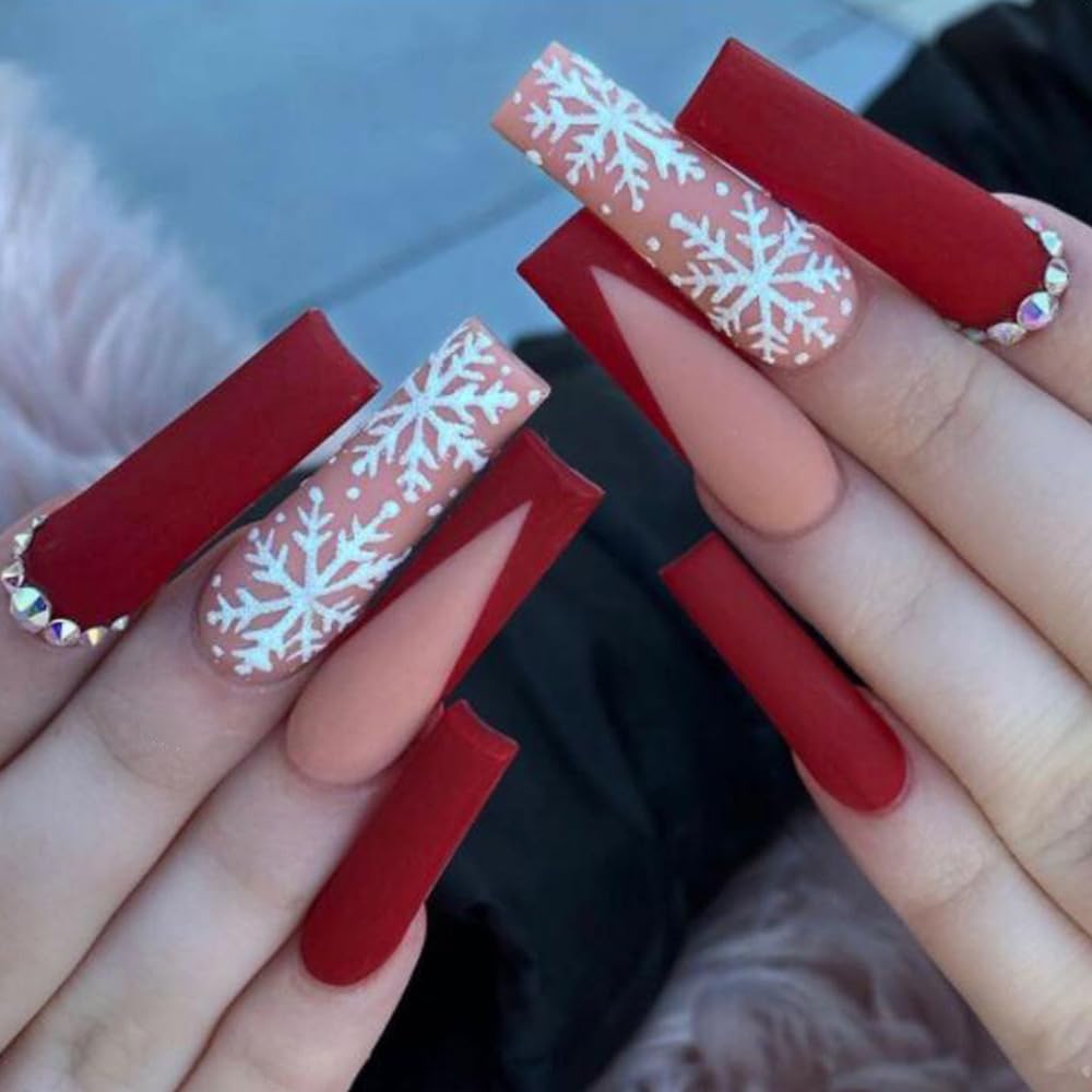Christmas Press on Nails Long Coffin Fake Nails Red False Nails with Christmas Snowflake Design Glue on Nails Rhinestone Full Cover Stick on Nails Xmas Acrylic Nails for Women Manicure 24Pcs