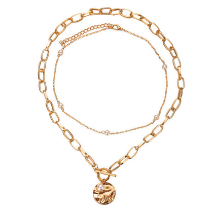 Double Layer Pearl Chain Necklace with Alloy Pendant