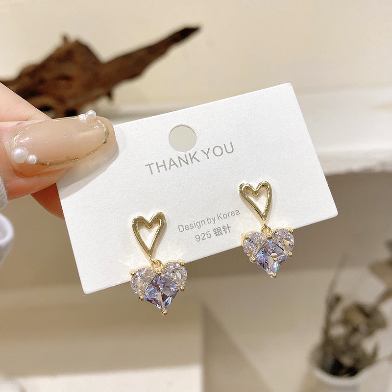 Korean Heart Zircon Stud Earrings in S925 Silver