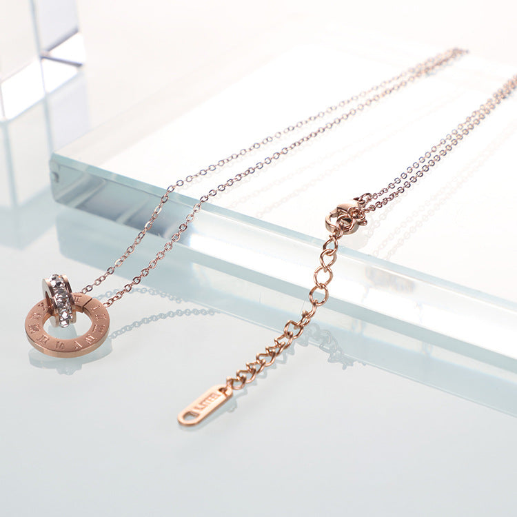 18K Rose Gold Titanium Steel Diamond Ring Necklace