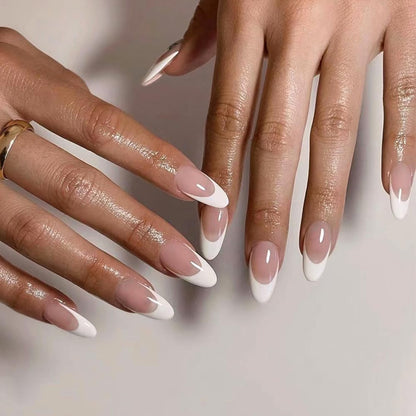 AZTSYT Almond Press on Nails Medium Nude Pink Fake Nails Full Cover False Nails with Designs Glossy Acrylic Glue on Nails White French Tip Stick on Nails for Women Girls Manicure 24Pcs
