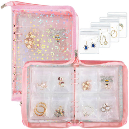 SUBGIU Jewelry Organizer Case Travel Clear Earring Organizer Case Transparent Jewelry Storage Book with Clear Zippered Jewelry Pouch (Pink With 80 Pcs small Jewelry Pouches)