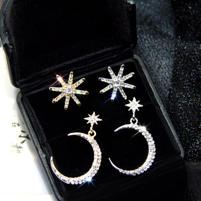 925 Silver Star and Moon Earrings with Asymmetrical Design