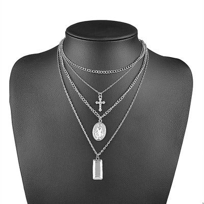 Vintage Layered Cross Pendant Necklace with Charms